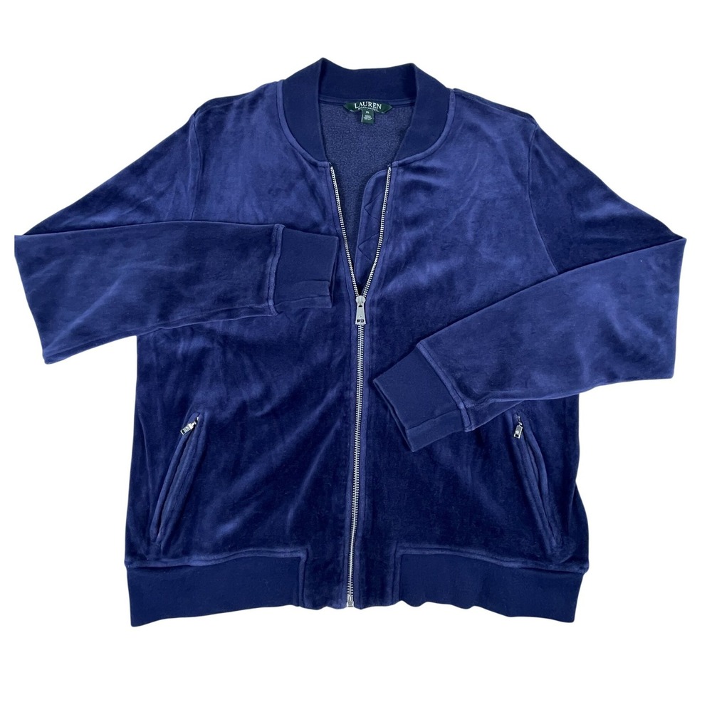Lauren Ralph Lauren Jacket Womens XL Navy Blue Velour Bomber Full Zip Casual